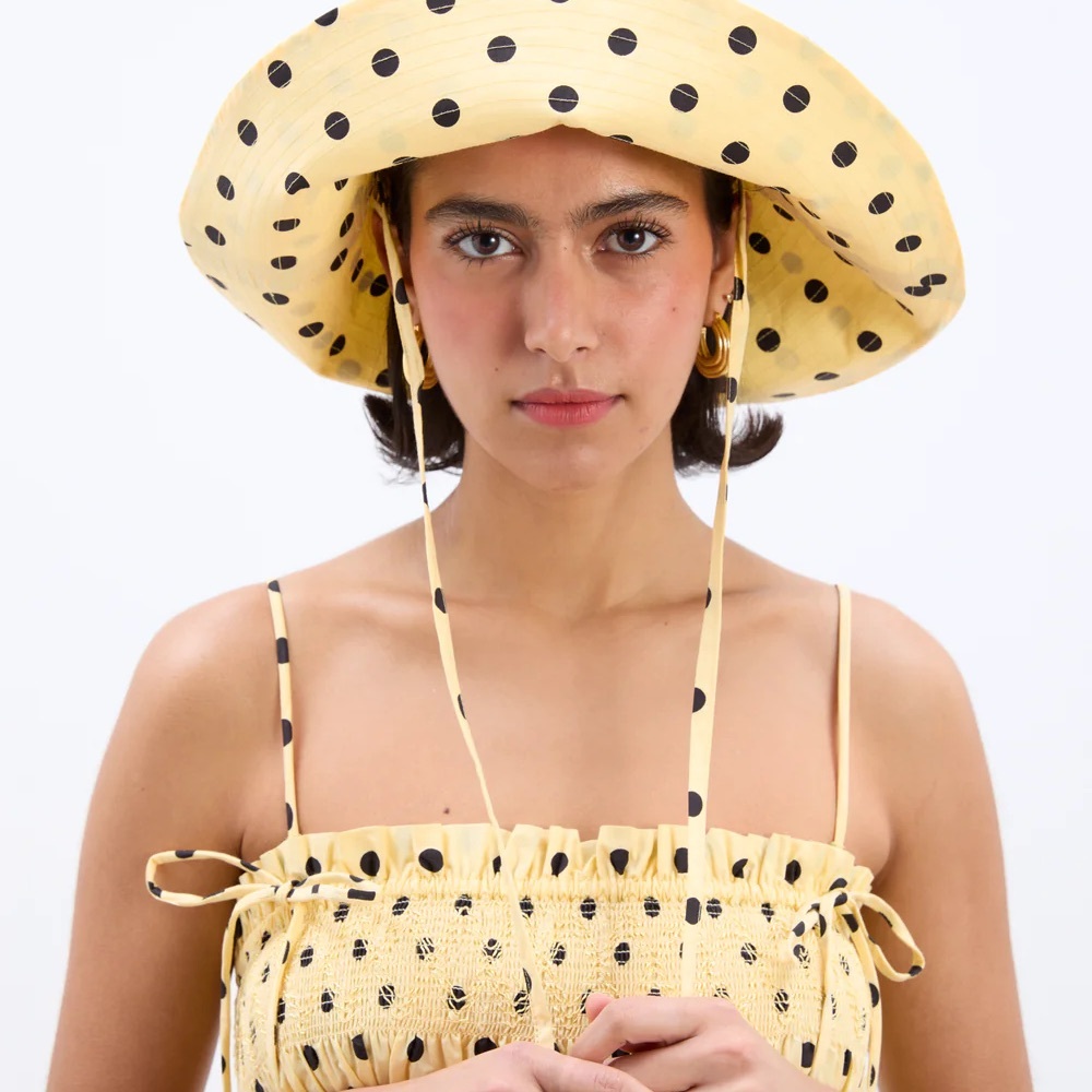 Butter Yellow and Black Polka Dot Wide-Brimmed Hat